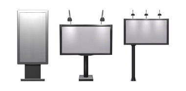 Açık hava reklam panoları beyaz arka planda izole edilmiş. 3d pankart modellemelerinin gerçekçi vektör çizimi, öncü ışık aydınlatması, iş duyurusu için boş alanı olan ışık kutusu