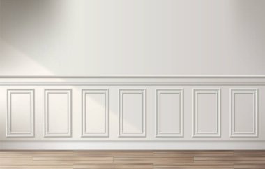 Beyaz klasik duvar paneli ve ahşap zemini olan bir oda. Lüks, zarif pervazları olan açık bir arkaplan. Kalıplama ve parke ile ev veya ofis tasarımının gerçekçi 3d vektör çizimi