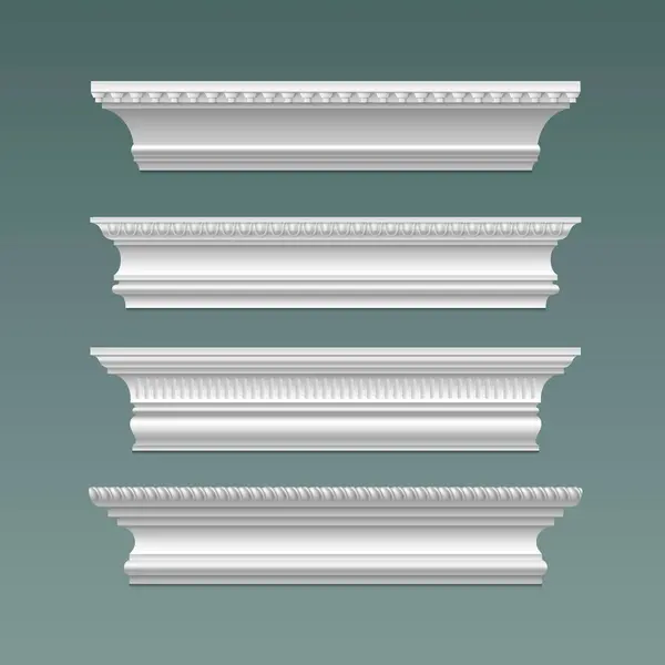 stock vector Wall and ceiling white classic gypsum cornice with ornament. Realistic 3d vector illustration set of molding crown trim for classic home interior design. Styrofoam ledge plinth decoration with pattern