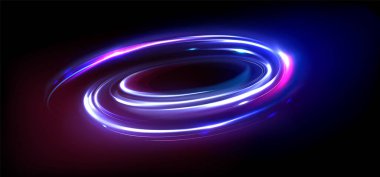 Mavi ve pembe neon ışıklı enerji küresi. Siyah arkaplan üzerindeki girdap alev çemberinin gerçekçi 3d vektör çizimi. Sihirli parlak girdap oval portalı. Radikal döndürme elips veya parlak güç yüzüğü.