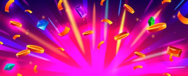Uçan altın paralar, değerli taşlar ve konfetilerle pembe yıldız patlaması arka planı kazan. Hazine ile patlama etkisi olan çizgi film vektörü bg. Büyük ikramiye kazanan afiş neon ışığı, su sıçratma para ve mücevher.