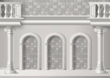 Beyaz alçıtaşı kemer delikli tuğla duvar, Roma sütunları ve balkon korkulukları. Klasik Yunan mimari unsurları ile gerçekçi 3d vektör vintage cephe. Lüks, klasik saray dış görünüşü..