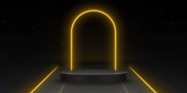 Siyah arka planda, neon sarısı kemerli yuvarlak podyum. Altın parıldayan çizgilerle, gece kulübü sahne tasarımlarıyla, sergi salonunun karanlık ürün sunumunun gerçekçi temsili.