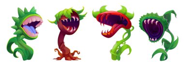 Sapında sinek kapanı olan korkunç etobur canavar bitkileri. Ağzı ve dişleri olan ürkütücü, tehlikeli fantezi çiçekleri. Çizgi film vektör çizimi. Korkunç yırtıcı uzaylı zehirli yaratıklar..