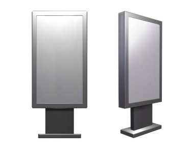 Açık sokak kaldırımı dikey ilan panosu modeli ve beyaz boş ekran. Kentsel boş etkileşimli ticari dijital ışık kutusu şablonu üzerinde 3d ön ve yan görünüm gösterimi gerçekçi vektörü.