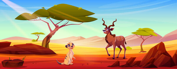 Cute cartoon greater kudu antelope and meerkat suricate in Africa savannah with green acacia trees and stones, sand field and rocky mountains on horizon, blue sky. African animals in safari desert.