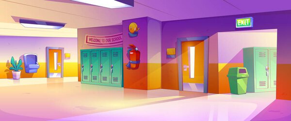 Empty school corridor with lockers and classroom doors, welcome banner and bell on wall, fire extinguisher and hand wash basin, trash bin and plant in pot. Cartoon vector college hallway lobby.