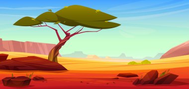 Yeşil ağaçlı Afrika savanası manzarası. Yaz manzarası ile ilgili vektör karikatür çizimi, kumlu düzlükler, yerde taşlar, ufukta kayalık kanyon, bulutsuz mavi gökyüzü, egzotik vahşi yaşam arka planı