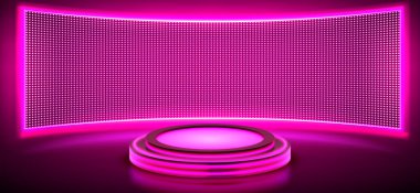 Duvarında dijital ekranı olan pembe neon ışıklı ürün podyumu. Malzeme gösterimi için ışıltılı sahnenin gerçekçi 3d vektör çizimi. Stüdyo odasında ışık olan boş gelecekçi silindir platformu.