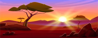 Günbatımında Afrika savanası manzarası. Yaz akşamı manzarasının vektör çizimi, kumlu düz, yeşil ağaçlar, yerde taşlar, ufuktaki kayalık dağların ardında parlayan parlak güneş.