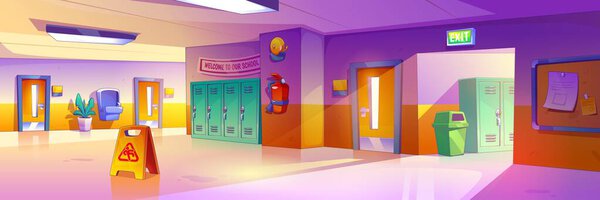 School corridor interior with furniture. Contemporary vector cartoon illustration of large hallway with metal lockers, classroom doors, waste bin, drinking fountain, fire extinguisher, announcement