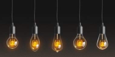 Filament gerçekçi vektörlü klasik bir ampul ışığı. Arka tavan iç dekorasyon için parlak lamba asıyor. Veranda dekorasyonu için kordondaki antika elektrikli parlak nesne. Lüks parlak element