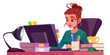 Masadaki kız öğrenci okul vektörü için ödev yapıyor. Masada dizüstü bilgisayarla çalışan genç bir kadın. Akıllı genç yazar günlük yazar. Üniversite ya da üniversite tasarım konseptinde kadın öğrencilerin öğrenimi