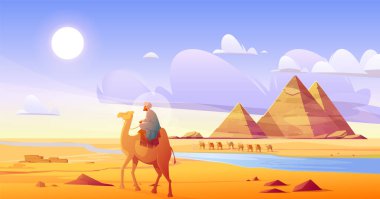 Mısır çölünde, sıcak kuru kum yüzeyi, nehirde suyu ve piramit ufku olan bir erkek binici. Afrika 'da Sahra Sahra Sahra' daki dromedary üzerinde yürüyen bedevinin çizgi film çizimi.