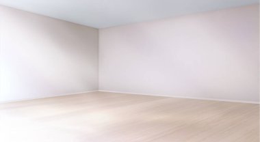 Üç boyutlu boş iç döşeme ve duvarlı beyaz oda. Dairenin içinde köşe boşluğu ve boş salon tasarımı. Sergi ya da sunum bg için soyut gerçekçi galeri ofisi. Lüks pastel sahne