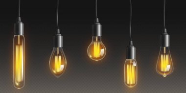 Filament gerçekçi vektörlü klasik bir ampul ışığı. Arka tavan iç dekorasyon için parlak lamba asıyor. Veranda dekorasyonu için kordondaki antika elektrikli parlak nesne. Lüks parlak element