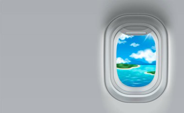 Uçak penceresi içeriden görünüyor, ada da yolculuk için. Tropik tatil illüstrasyonuna giden uçak lombozu. Uçak ışıklandırıcısı ve reklamcılık için hava konsepti olan pankart çerçeve tasarımı