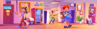 Öğrenci çocuklar ve gençler tatilde okul koridorunda yürüyorlar. Çizgi film vektör eğitim koridoru. Dolap, sınıf kapıları, pencere ve ilan panosu, çan ve duvar saati olan iç mekan..