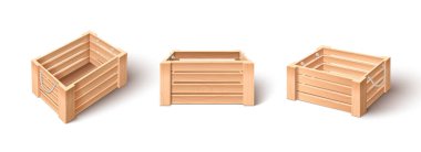 Üç boyutlu meyve sandığı. Tahta sebze sepeti vektörü. Piyasa deposu için gerçekçi boş ahşap palet. Kahverengi tepsi kap tarım hasat ambalaj ve gıda teslim vintage tasarım seti