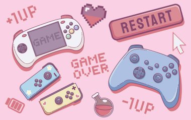 Şirin kawaii video oyun kızı retro vektör seti. 90 'ların piksel yazdırma simgesi grafiği. Y2k inek oyun sahası, joystick ve oyun oyunları estetik resim koleksiyonu. 2000 'lerin kadın mobil konsol eğlence sanatı