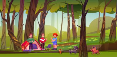 Hayvan ve arkadaşlarıyla orman kampı çadırındaki çocuk macera çizimi çiziyor. Koşan tavşan, yaban domuzu ve kokarcalı erkek grubu için açık hava etkinliği. Çocuklar yaban hayatının düzenini tartışıyor