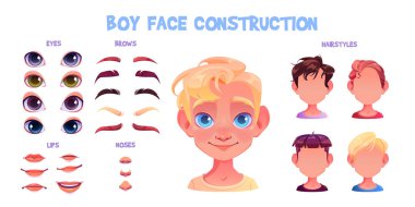 Farklı göz ve burunlara, dudaklara ve kaşlara, saç kesimine ve saç rengine sahip çocuk avatar inşaat seti. Çocuk çizgi film vektör kümesi on jeneratör elemanlarıyla karşı karşıya. Çocuk karakter portresi oluşturucu.