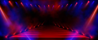 Sahne arkası spot ışıklarıyla moda sahnesi. Geceleyin eğlence konseri için kırmızı ve mavi ışıklı bir podyum. Duman efektli boş parti sahnesi. 3d neon disko performans podyumu