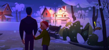 Back view on man and teenager boy in Christmas hat holding with hands and walking in park on cold winter snowy suburban street at evening or night. Cartoon vector illustration of city landscape. clipart