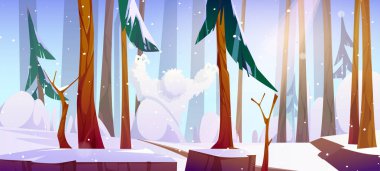 Kışın ormanda beyaz tüylü yeti, güneşli bir günde ağaçlarda ve toprakta karla kaplı. Çizgi film vektör illüstrasyonu soğuk mevsim orman manzarası korkutucu kıllı koca ayaklı. Ateş ve çalıların arasındaki koca ayak canavarı..