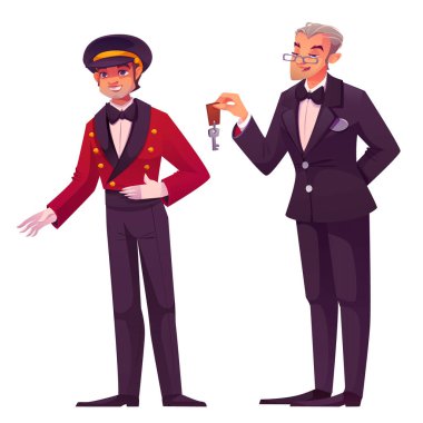 Otel personeli beyaz arka planda izole edildi. Erkek bellboy ve kapıcının vektör çizimi, üniformalı ve şapkalı hizmetli misafirlere gülümsüyor, takım elbiseli resepsiyon müdürü oda anahtarı veriyor.