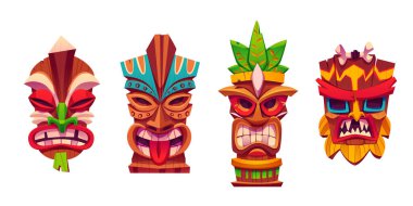 Geleneksel Hawaii totemi tiki maskesi koleksiyonu. Çizgi film vektör illüstrasyon seti. Tropik yapraklı ahşap kabile heykeli başı. Duygularla gözlerle, dişlerle ve dille yüzleşmek.