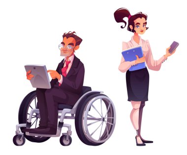 Ofisteki çeşitli engelli kişiler. Karikatür vektör çizimi. Fiziksel engelli iş adamı, tekerlekli sandalyede tableti olan bir adam ve bacak protezi ve telefonu olan bir kadın..