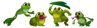 Cute frog characters set isolated on white background. Vector cartoon, illustration of funny green toad mascots jumping, catching insect with tongue, hiding under leaf, sitting in swamp, comic animal clipart