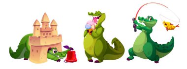 Comic crocodile characters set isolated on white background. Vector cartoon illustration of cute green reptile building sand castle, playing on beach, eating ice cream, fishing, zoo mascot collection clipart