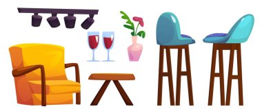 Kafe ya da kafeterya iç mobilya ve elementler. Konforlu modern restoran ve kafeterya nesnelerinden oluşan çizgi film vektör seti - masa ve koltuk, tabure ve lamba, vazoda şarap ve çiçek bulunan bardaklar.