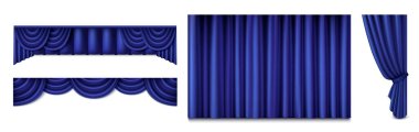 Mavi ipek perdeler beyaz arkaplanda izole edildi. Tiyatro sahnesi ya da ev dekoru, açık ve kapalı katlanmış kumaş, lüks dokuma için deniz mavisi saten kumaşının vektör gerçekçi çizimi