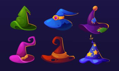 Sivri uçlu ve dekoratif unsurları olan sihirli cadı şapkası. Cadılar Bayramı tasarımında sihirbaz şapkası çizimi. Fantezi büyücüsü büyülü kostüm parçası. Sihirbaz kıyafeti.