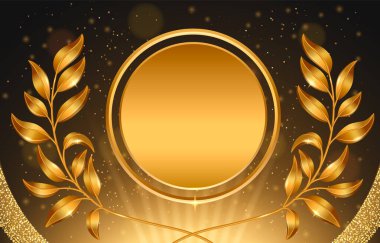 Altın defne çelengi ödülü siyah arka planda izole edilmiş. Sarı bitki çerçevesinde parlayan, parlak parçacıklar ve ışık ışınları efekti, yuvarlak şampiyon amblemi.