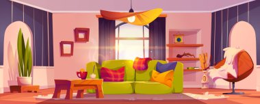 Konforlu oturma odası iç tasarımı. Rahat koltukta yastıklar, raflarda kitaplar, duvarda ahşap çerçeveler, hygge tarzı koltuklar, penceresinde güneş ışığı olan modern dairenin vektör çizimi