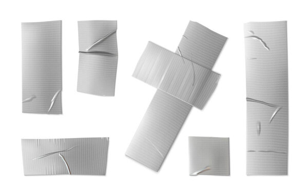 Серебряные кусочки клейкой ленты с текстурой. Реалистичный трехмерный векторный набор иллюстраций из обрезанной клееной липкой бумаги с серым цветом металла и морщинами. Пластиковый макет бинтов. Порванная наклейка на скотч.