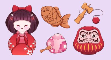 Geleneksel Japon unsurları koleksiyonu - şans tılsımı Daruma biblosu, kendama oyuncağı, taiyaki balığı şekilli kurabiye, pembe fan, kimonolu Kokeshi geyşa bebeği. Çizgi çizgi çizgi vektör çizimi