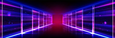 Parlak mavi ve pembe ışıklı sunucu blokları olan soyut veri merkezi odası. Dijital bilgi ve veritabanı deposu süper bilgisayarlı tünelin gerçekçi 3d vektör çizimi.