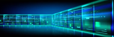 Veri merkezi tüneli neon mavi ve yeşil ışık parlıyor. Dijital bilgi ve veritabanı deposu için soyut bilgisayar sunucu kümesinin gerçekçi 3d vektör çizimi. Siber uzay bayrağı.