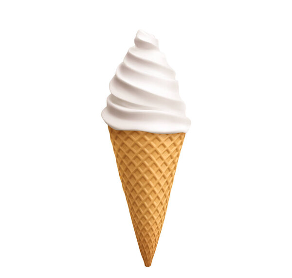 White vanilla soft ice cream swirl in waffle cone. Realistic 3d vector illustration of cold sweet summer milk dessert in poke cup with wafer texture. Frozen liquid twisted sugar creamy sundae snack.