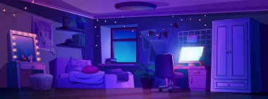 Ergen kız odasının iç kısmı gece. Yatak ve gardırop dolabı olan siyah karikatür kız yatak odası, masada bilgisayar ekranından gelen ışık, makyaj aynası, kozmetik ürünleri, posterler ve duvarda çelenk..