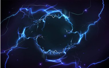 Mavi şimşek ışığı ve elektrik enerjisi siyah zemin üzerinde daire şeklinde boşalır. Yıldırım gücü etkisinden gerçekçi 3D vektör çizimi. Yıldırım çarpması sınırı.