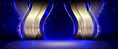 Altın dalga dekoratif elementlerle ödüllü sahne şablonu. Altın kazanan sahne ya da ürün tanıtım podyumunun gerçekçi 3D vektör illüstrasyonu. Parlak parıltılı lüks mavi arkaplan.