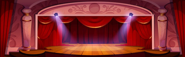 Escenario Teatro Con Cortinas Rojas Reflectores Ilustración Dibujos Animados Vectoriales — Vector de stock