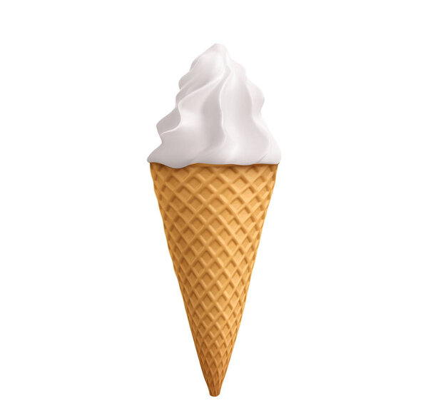White vanilla soft ice cream swirl in waffle cone. Realistic 3d vector illustration of cold sweet summer milk dessert in poke cup with wafer texture. Frozen liquid twisted sugar creamy sundae snack.