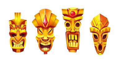 Pembe değerli taşlı altın tiki maskesi. Geleneksel kabile ayini totem heykelinin komik ve korkutucu yüzlü çizgi film vektör seti. Altın mücevher Hawaii tasarımı için antik kültür hazinesi.